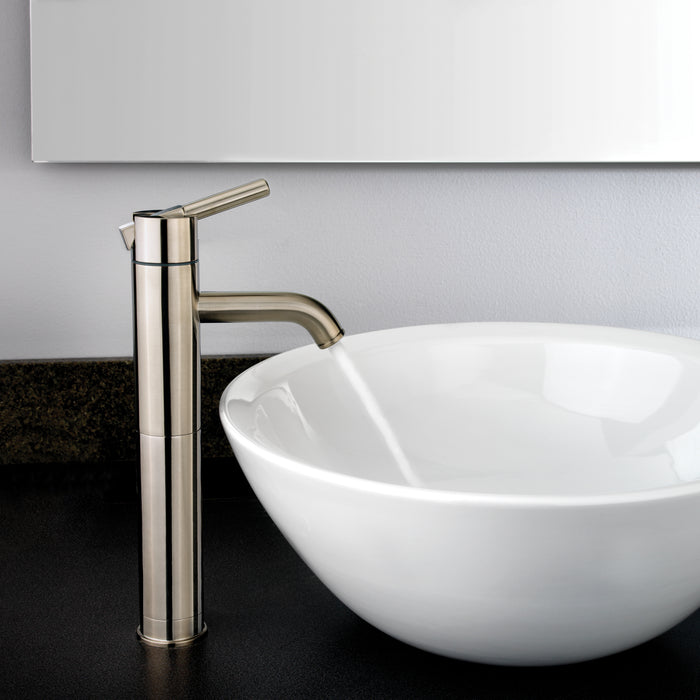 Pfister Contempra single-control vessel bathroom faucet in brushed nickel, installed next to a white basin, with water flowing smoothly from the spout.