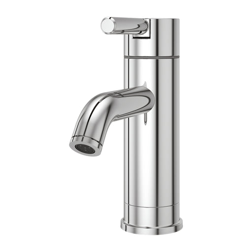 Angled view of the Pfister Contempra single-control bathroom faucet in polished chrome, emphasizing its smooth curves and contemporary aesthetic.