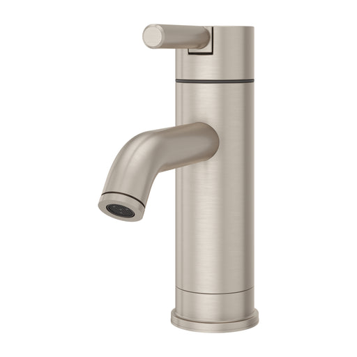 Pfister Contempra single control bathroom faucet in brushed nickel with a minimalist design and curved spout.