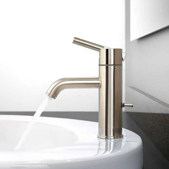 Pfister Contempra single control bathroom faucet in brushed nickel, installed on a white countertop, with water flowing into a modern sink.