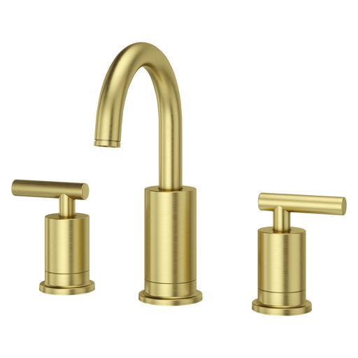 Pfister Contempra 2-handle 8-inch widespread bathroom faucet in brushed gold, front angled view showcasing its luxurious finish, flat spout, and sleek lever handles.
