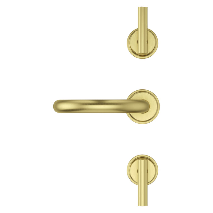 Pfister Contempra 2-handle 8-inch widespread bathroom faucet in brushed gold, top view emphasizing its symmetrical handle arrangement and rich, warm finish.