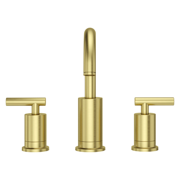 Pfister Contempra 2-handle 8-inch widespread bathroom faucet in brushed gold, front view showcasing its luxurious finish, flat spout, and sleek lever handles.