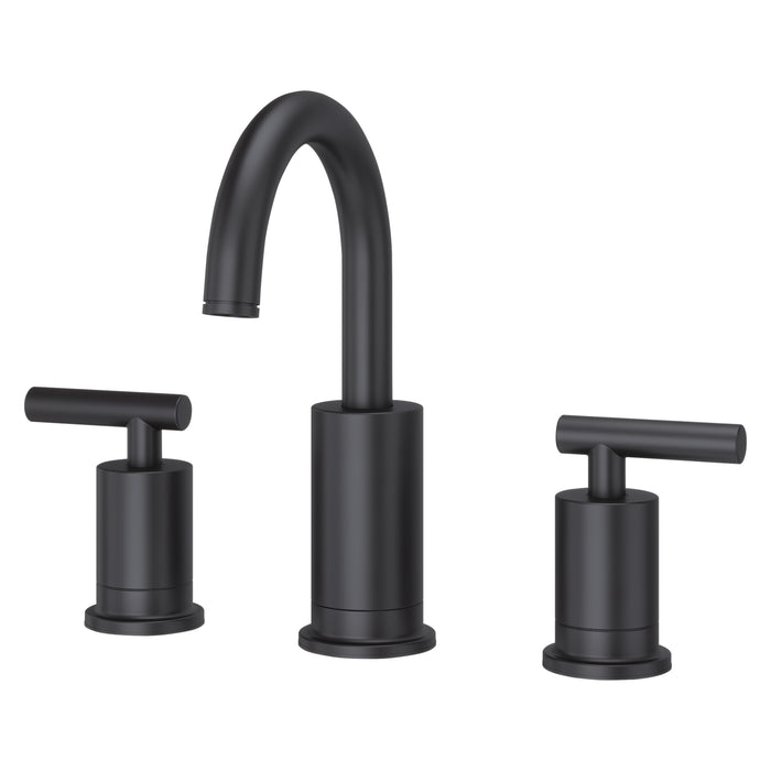 Pfister Contempra 2-handle 8-inch widespread bathroom faucet in matte black, side view showcasing its sleek spout and minimalist handle design.