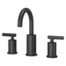 Pfister Contempra 2-handle 8-inch widespread bathroom faucet in matte black, side view showcasing its sleek spout and minimalist handle design.