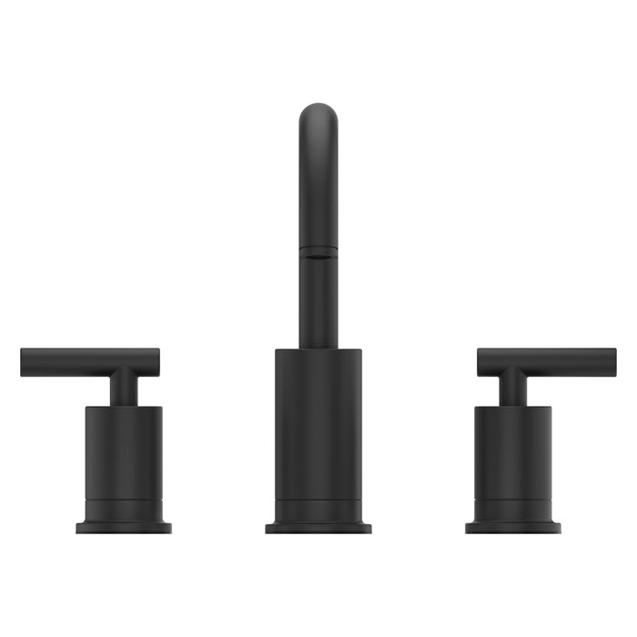 Pfister Contempra 2-handle 8-inch widespread bathroom faucet in matte black, front view emphasizing its bold finish, angular spout, and modern lever handles.