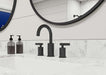 Pfister Contempra 2-handle 8-inch widespread bathroom faucet in matte black, installed on a white marble countertop in a modern bathroom.