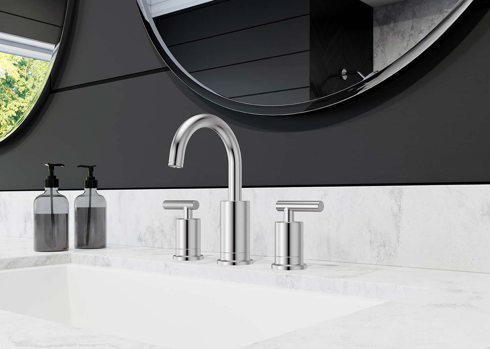 Pfister Contempra 2-handle 8-inch widespread bathroom faucet in polished chrome, installed on a white marble countertop in a modern bathroom.