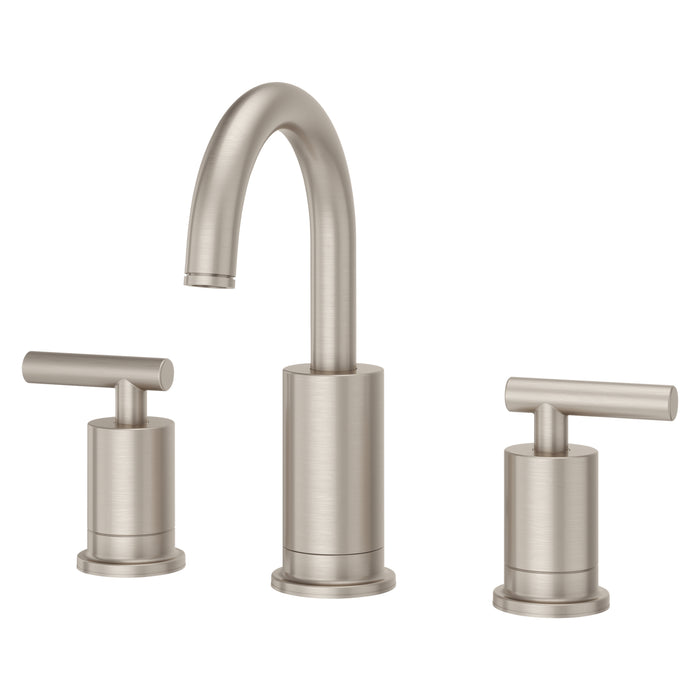 Pfister Contempra 2-handle 8-inch widespread bathroom faucet in brushed nickel, front view highlighting its soft metallic finish, angular spout, and minimalist lever handles.
