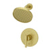 Pfister Contempra 1-handle shower set in brushed gold, featuring a luxurious finish, minimalist round showerhead, and sleek lever handle.