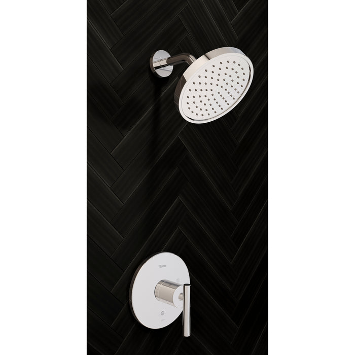 Pfister Contempra 1-handle shower set in polished chrome, mounted on a black tiled wall, adding a modern and polished accent.
