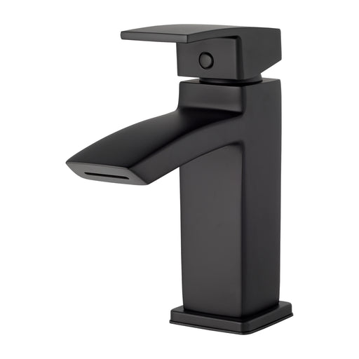 Angled view of the Pfister Kenzo single-control bathroom faucet in matte black, emphasizing its bold rectangular spout, flat handle, and sleek modern design.
