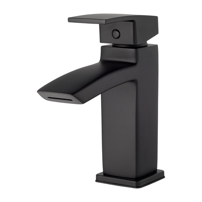 Angled view of the Pfister Kenzo single-control bathroom faucet in matte black, emphasizing its bold rectangular spout, flat handle, and sleek modern design.