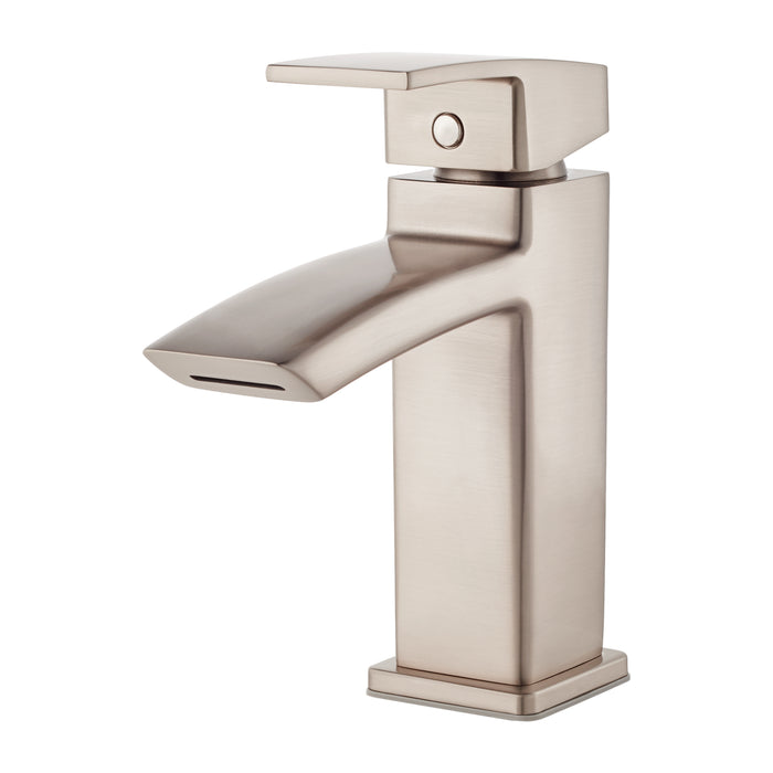 Pfister Kenzo single-control bathroom faucet in brushed nickel, showcasing a contemporary square spout and minimalist flat handle.