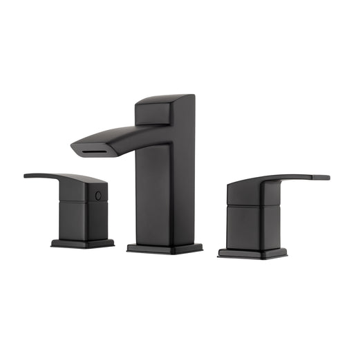 Pfister Kenzo 2-handle 8-inch widespread bathroom faucet in matte black, side angle view emphasizing its straight spout and minimalist handle design.