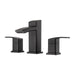 Pfister Kenzo 2-handle 8-inch widespread bathroom faucet in matte black, side angle view emphasizing its straight spout and minimalist handle design.