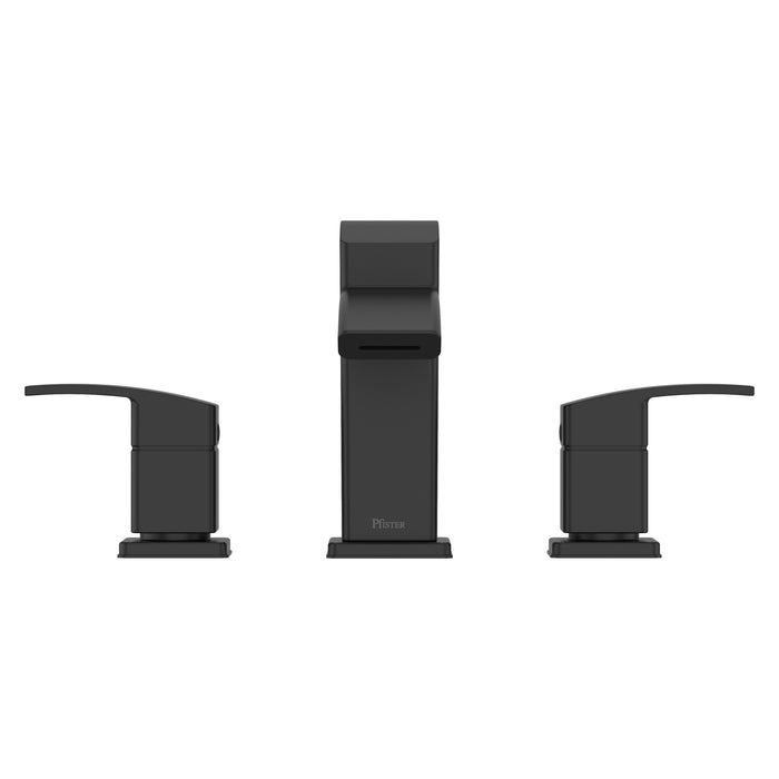 Pfister Kenzo 2-handle 8-inch widespread bathroom faucet in matte black, front view showcasing its bold finish, flat spout, and sleek lever handles.