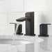 Pfister Kenzo 2-handle 8-inch widespread bathroom faucet in matte black, installed on a white countertop in a contemporary bathroom, with water gently flowing from the spout.