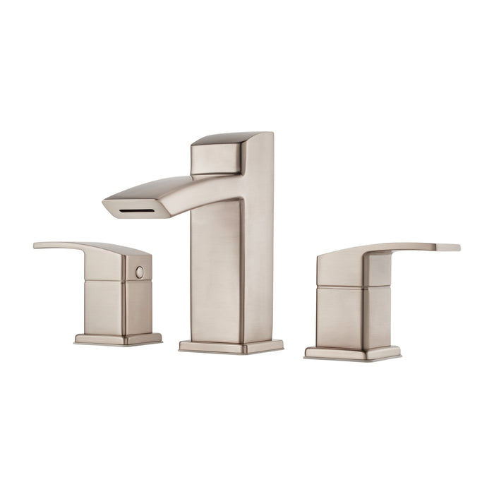 Pfister Kenzo 2-handle 8-inch widespread bathroom faucet in brushed nickel, front view highlighting its soft metallic finish, flat spout, and sleek lever handles.