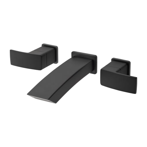 Pfister Kenzo 2-handle wall-mount bathroom faucet in matte black, front view showcasing its bold finish, flat spout, and minimalist lever handles.