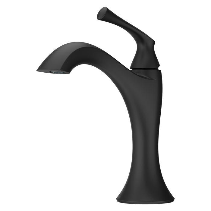 Angled view of the Pfister Rhen single-control bathroom faucet in Matte Black, emphasizing the reflective finish and dynamic spout design.