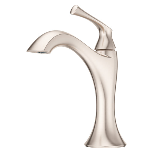Angled view of the Pfister Rhen single-control bathroom faucet in Brushed Nickel, emphasizing the reflective finish and dynamic spout design.