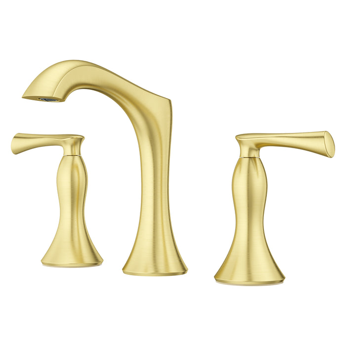 Pfister Rhen 2-handle 8-inch widespread bathroom faucet in brushed gold, highlighting its luxurious finish, sculptural spout, and elegant lever handles.