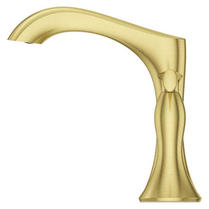Pfister Rhen 2-handle 8-inch widespread bathroom faucet in brushed gold, side view showcasing the warm metallic tones and graceful spout design.
