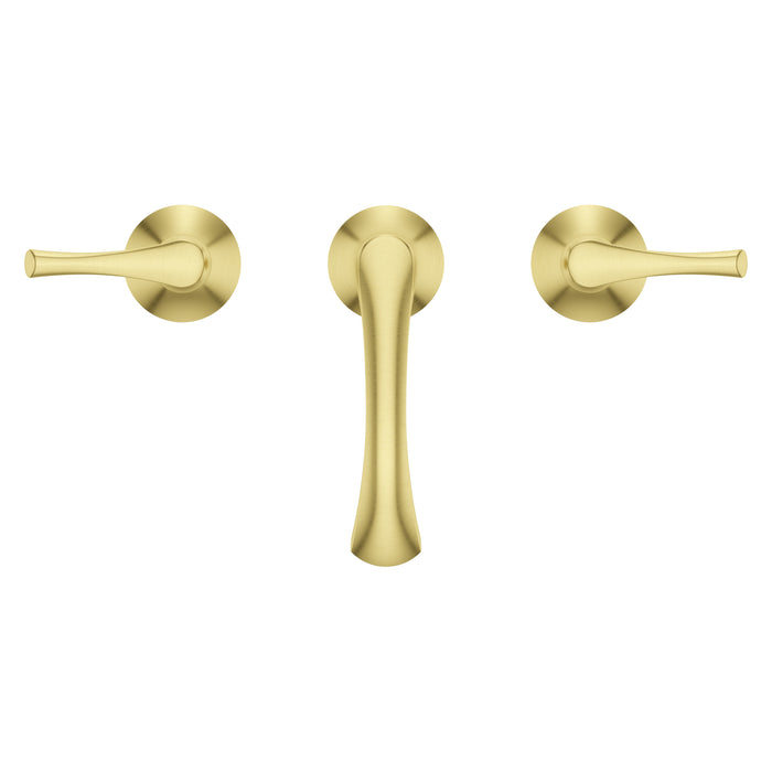 Pfister Rhen 2-handle 8-inch widespread bathroom faucet in brushed gold, top view emphasizing its symmetrical handle layout and luxurious design.