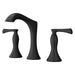 Pfister Rhen 2-handle 8-inch widespread bathroom faucet in matte black, side view emphasizing the dramatic curves of the spout and minimalist handle design.