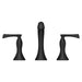 Pfister Rhen 2-handle 8-inch widespread bathroom faucet in matte black, front view showcasing its bold, sculptural spout and modern lever handles.