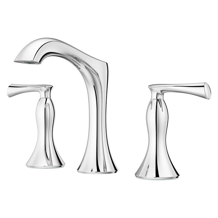 Pfister Rhen 2-handle 8-inch widespread bathroom faucet in polished chrome, side view showcasing the dynamic curves of the spout and slim lever handle.