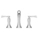 Pfister Rhen 2-handle 8-inch widespread bathroom faucet in polished chrome, front view highlighting its sculptural spout and elegant lever handles.