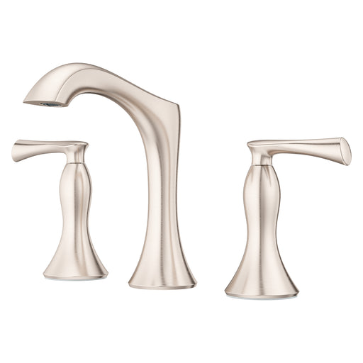 Pfister Rhen 2-handle 8-inch widespread bathroom faucet in brushed nickel, side view showcasing the smooth curves of the spout and refined lever handle design.