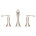 Pfister Rhen 2-handle 8-inch widespread bathroom faucet in brushed nickel, front view highlighting its soft metallic finish, sculptural spout, and elegant lever handles.