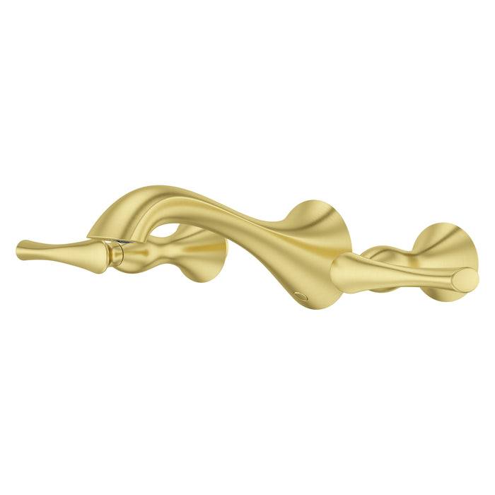 Pfister Rhen 2-handle wall-mount bathroom faucet in brushed gold, side view highlighting its luxurious finish and sculptural design.