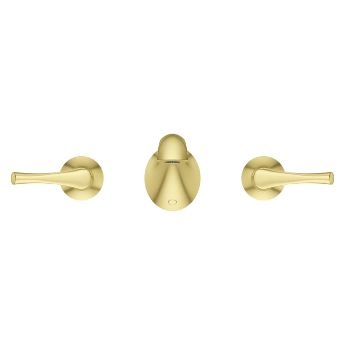 Pfister Rhen 2-handle wall-mount bathroom faucet in brushed gold, front view showcasing its warm metallic finish, curved spout, and sleek handles.