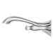 Pfister Rhen 2-handle wall-mount bathroom faucet in polished chrome, side view showcasing the curved spout and minimalist handle design.
