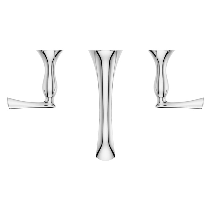 Pfister Rhen 2-handle wall-mount bathroom faucet in polished chrome, top view emphasizing the flowing spout and sleek lever handles.
