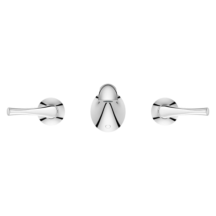 Pfister Rhen 2-handle wall-mount bathroom faucet in polished chrome, front view highlighting its sculptural spout and elegant lever handles.