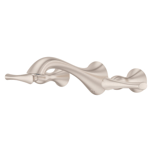Pfister Rhen 2-handle wall-mount bathroom faucet in brushed nickel, side view showcasing the elegant spout and smooth, refined handles.