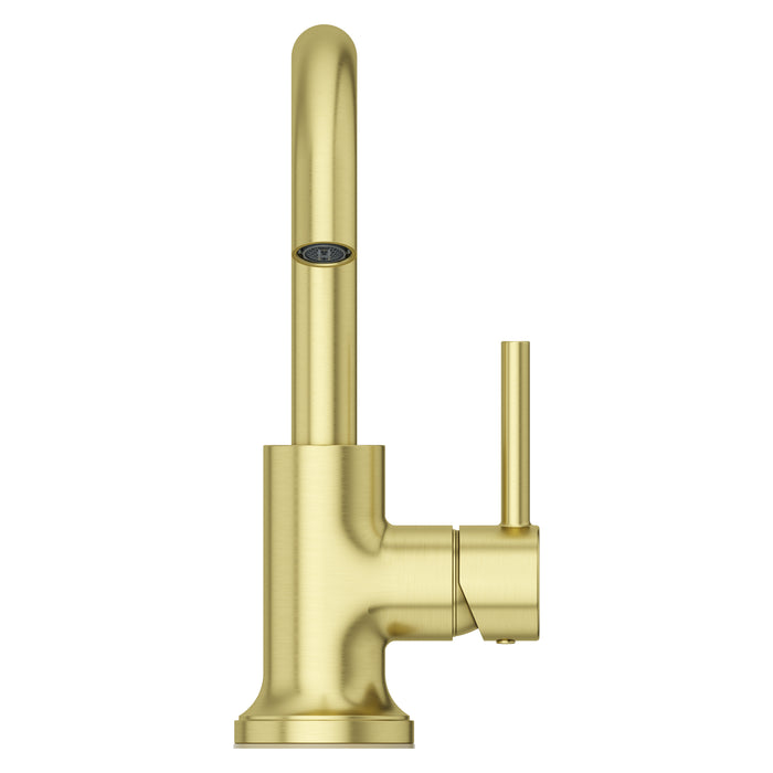 Pfister Tenet single-control bathroom faucet in brushed gold, front view showcasing the straight high-arc spout and minimalist lever handle.