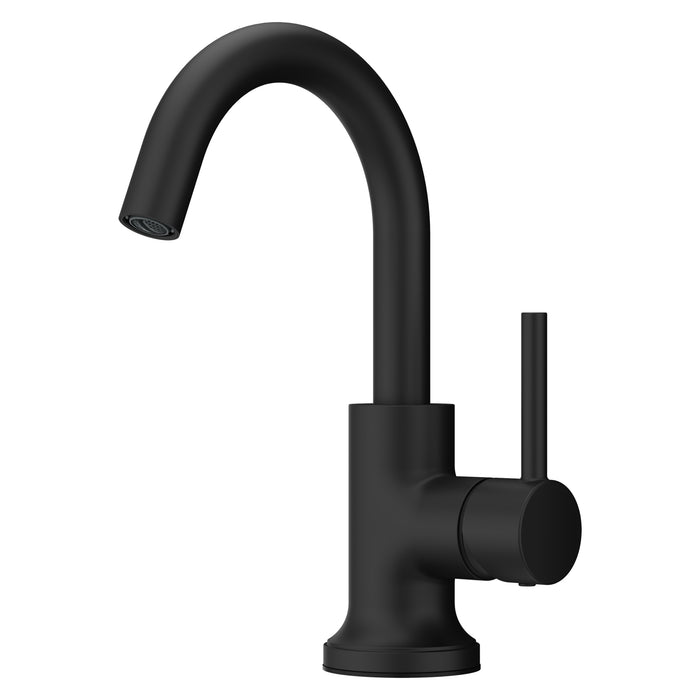 Pfister Tenet single-control bathroom faucet in matte black, front angled view showcasing the high-arc spout and minimalist lever handle.
