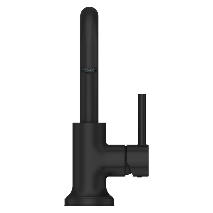 Pfister Tenet single-control bathroom faucet in matte black, front view showcasing the straight high-arc spout and minimalist cylindrical design.