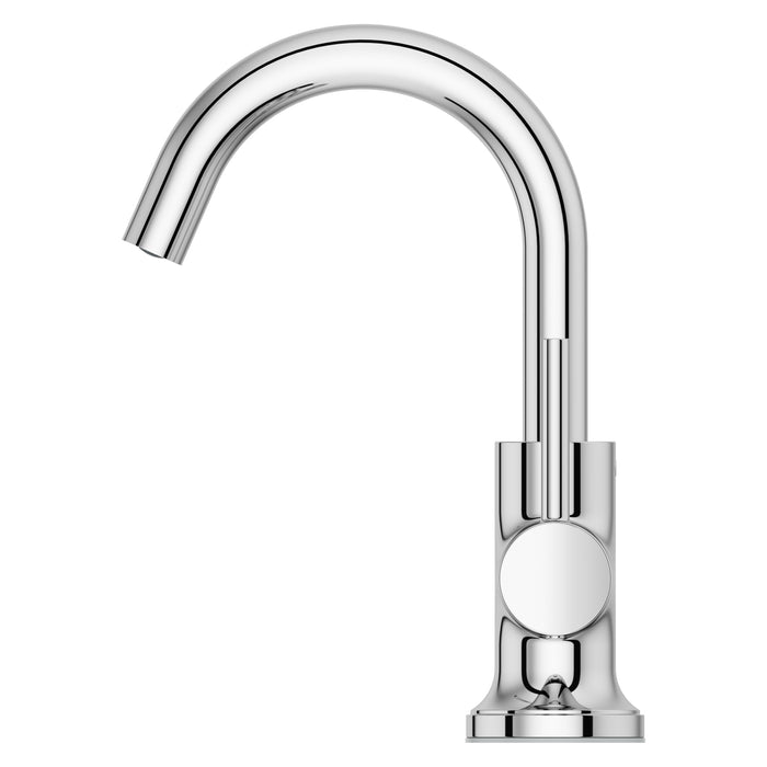 Pfister Tenet single-control bathroom faucet in polished chrome, side view highlighting the elegant high-arc spout and cylindrical base.