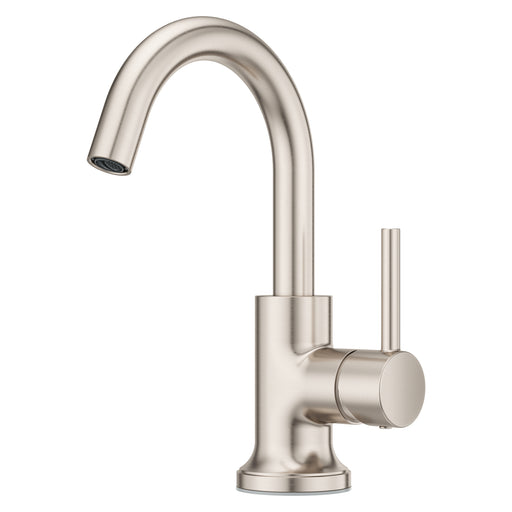 Pfister Tenet single-control bathroom faucet in brushed nickel, front angled view highlighting the high-arc spout and minimalist cylindrical design.