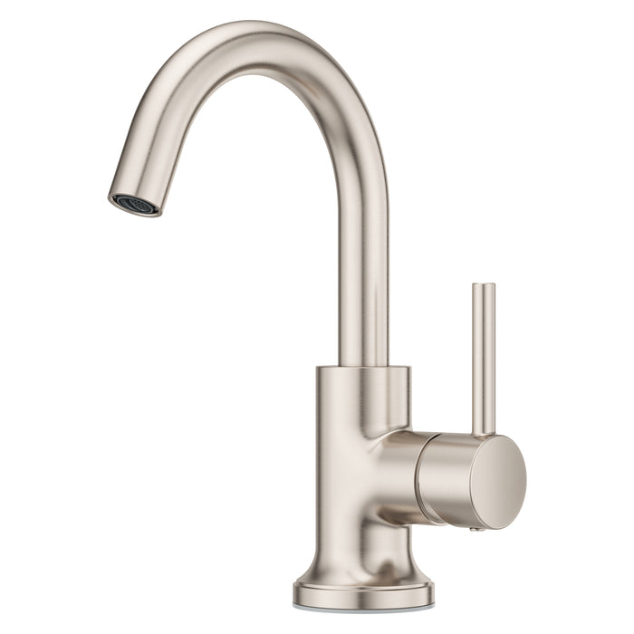 Pfister Tenet single-control bathroom faucet in brushed nickel, front angled view highlighting the high-arc spout and minimalist cylindrical design.