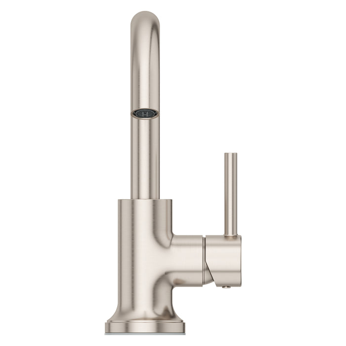 Pfister Tenet single-control bathroom faucet in brushed nickel, front view highlighting the straight high-arc spout and sleek cylindrical base.