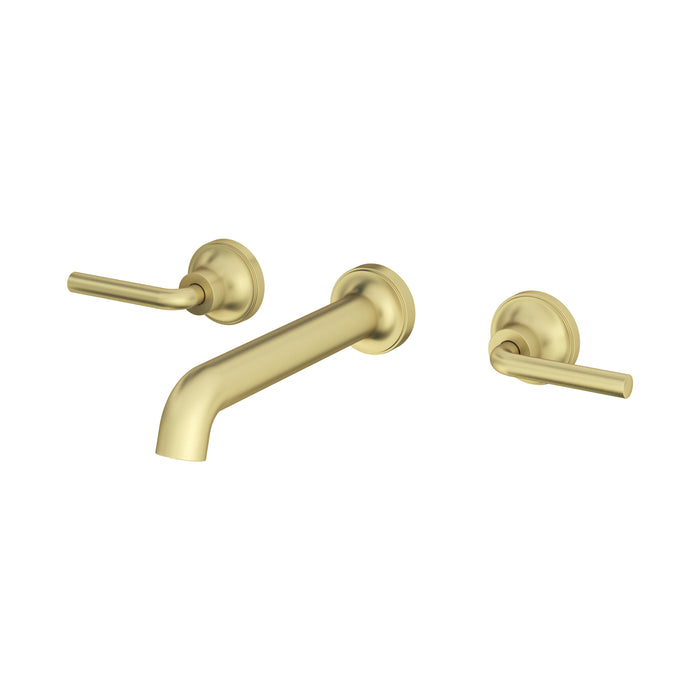 Pfister Tenet 2-handle wall-mount bathroom faucet in brushed gold, side view showcasing its clean spout and luxurious handle design.