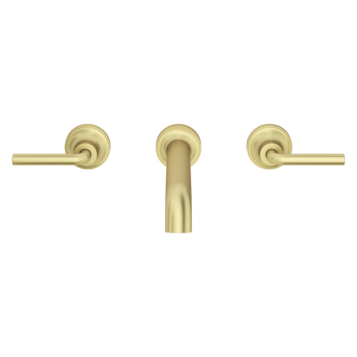 Pfister Tenet 2-handle wall-mount bathroom faucet in brushed gold, front view highlighting its warm metallic finish, angular spout, and minimalist handles.
